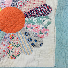 Vintage 1930s-40s Light Blue and Orange Dresden Plate Patchwork Quilt