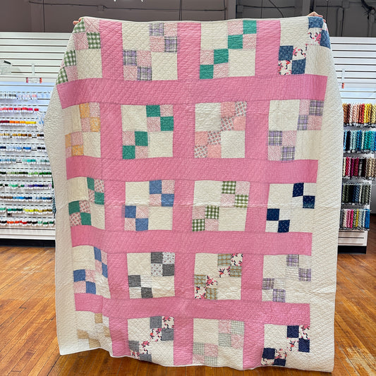 Vintage 1930s Pink Four Patch Variation Patchwork Quilt
