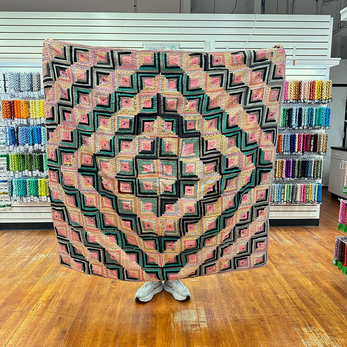 Vintage 1940s-50s Muted Pink Log Cabin Patchwork Quilt