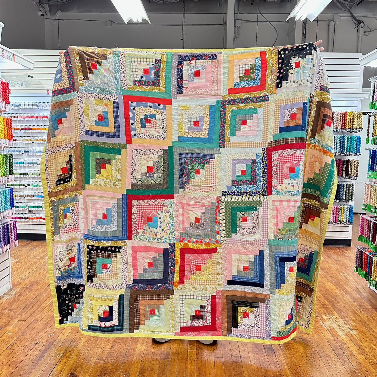 Vintage 1950S-60s Log Cabin Patchwork Quilt