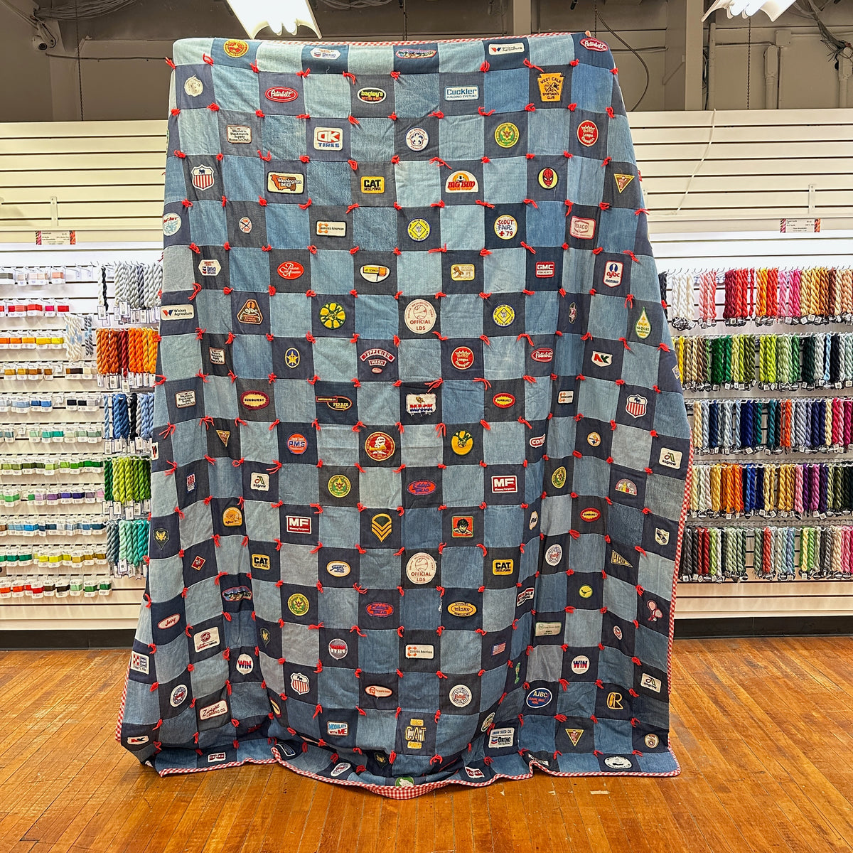 Vintage 1970s Denim Patchwork Quilt with Collected Patches