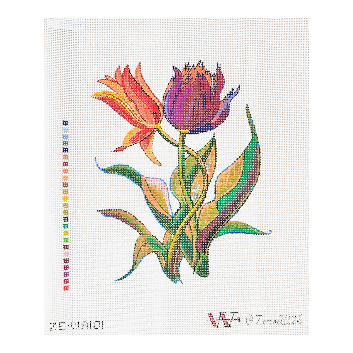 Zecca Wesley Allsbrook Red and Purple Tulips Needlepoint Canvas